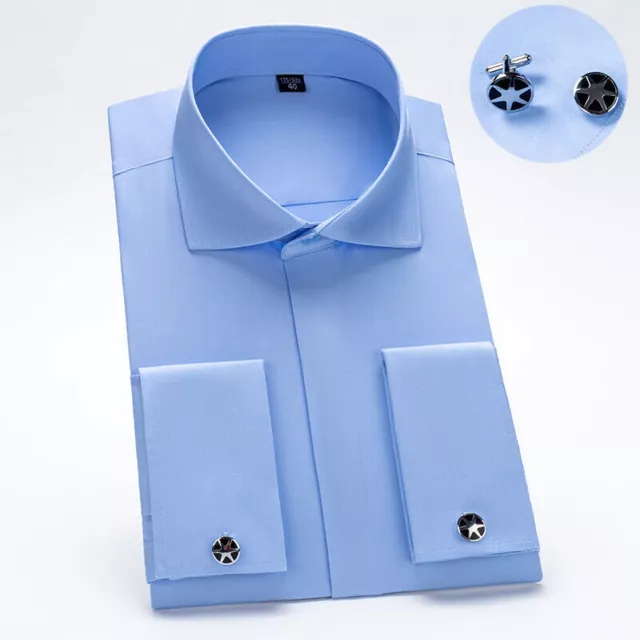 MENS LONG SLEEVES Dress Shirts French Cuff Formal Business Camisas ...