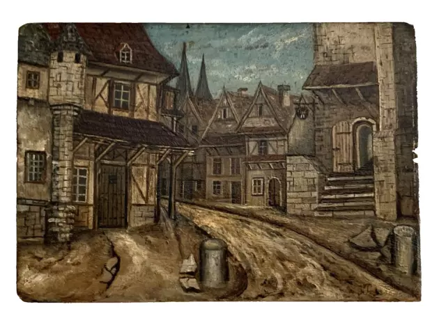 Tableau ancien huile paysage maisons colombages toitures impressionnisme