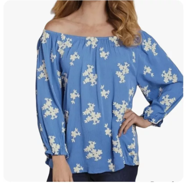 Soft Surroundings Women’s Blue White Avignon Off Shoulder Top Blouse Size Large