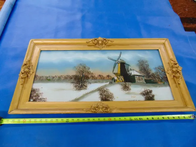 35"x19" vintage Glass Reverse Painting OLD HAMPTON MILL WATER GOLD FRAME NICE