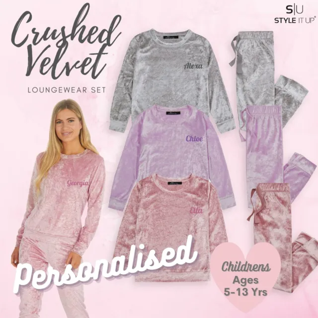 Personalised Girls Kids Crushed Velvet Warm Pyjama PJs Soft Fleece Nightwear