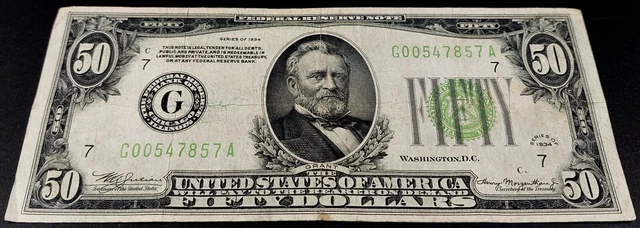1934 $50 Federal Reserve Note, Chicago! LGS, Light Green Seal! No pinholes! 2