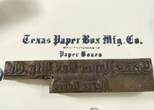 vintage letter press printing block Texas Paper Box MFG 4 3/4 x  1”