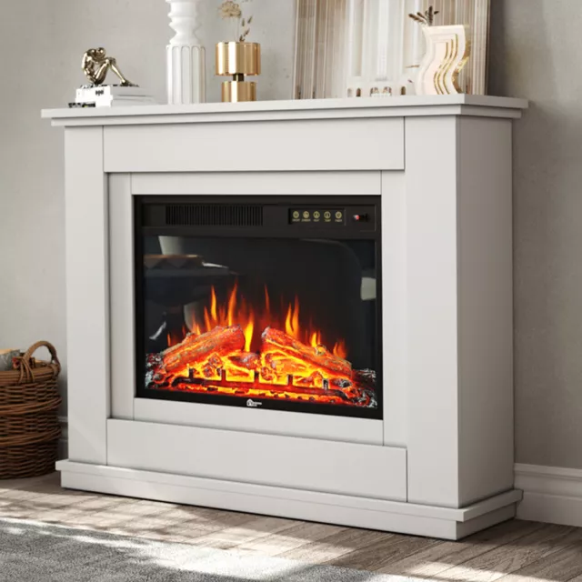 30'' Electric Fireplace LED Log Fire Flame White Surround Heater Set with Remote