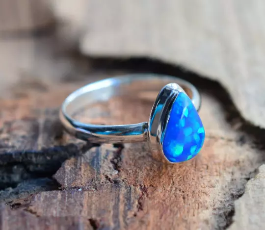 Lab Blue Opal 925 Solid Sterling Silver Pear Shape Gemstone Ring