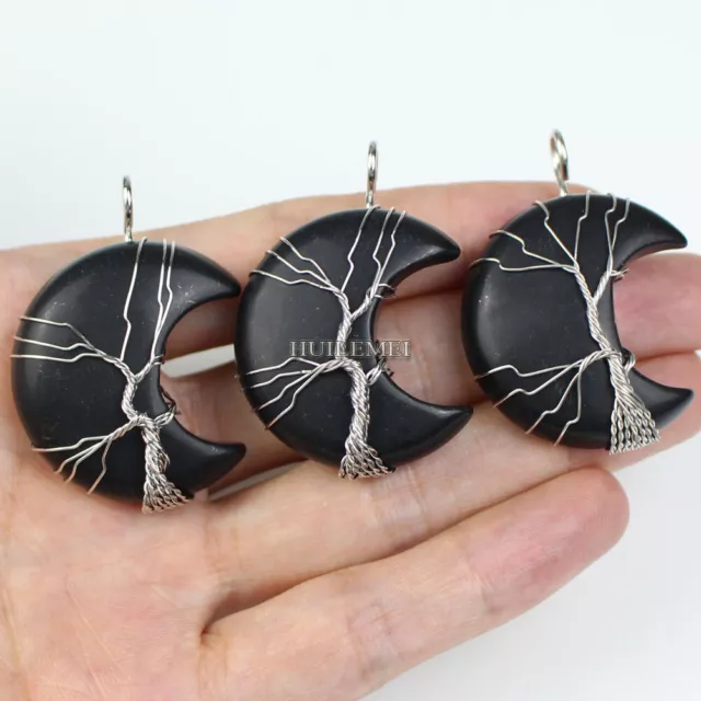 Natural Crystal Quartz Stone Gemstone Moon Tree of Life Wire Wrap Pendant Bead