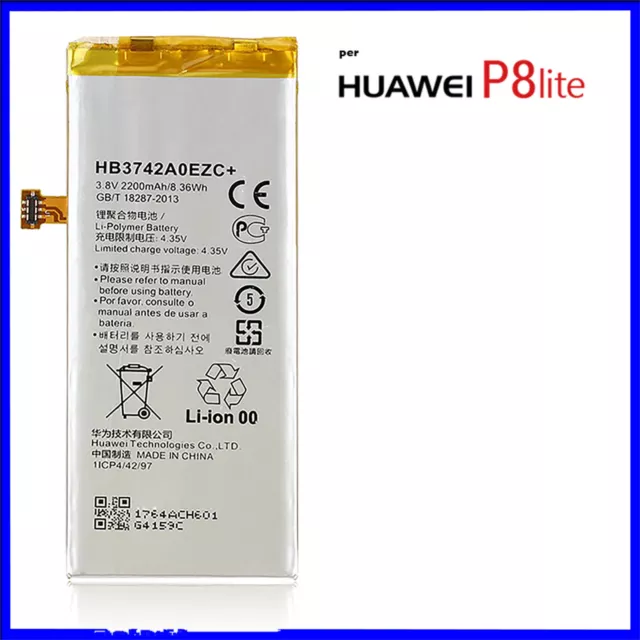 BATTERIA PER HUAWEI P8 LITE DA 2200mah HB3742A0EZC+ CAPACITA' ORIGINALE