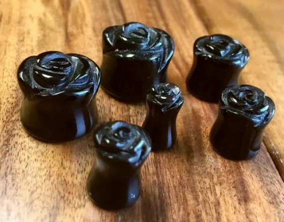 PAIR Black Agate Flower Stone Plugs Carved Rose Double Flare Organic Gauges