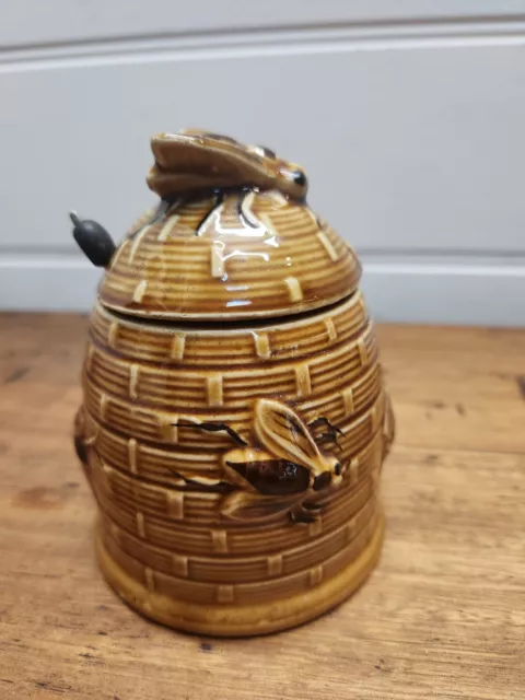 Vintage Glazed Ceramic pottery Beehive Honey Pot Jar Container