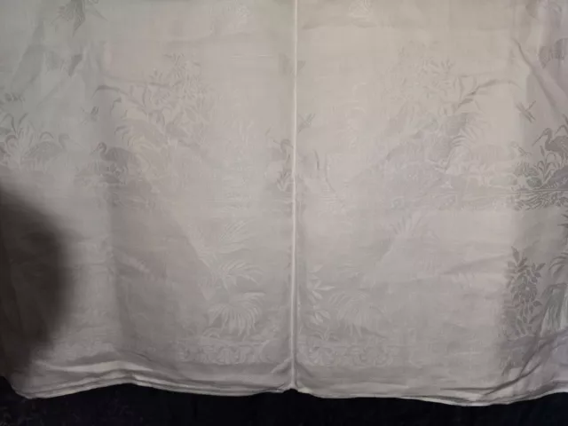 Vintage Double Damask Linen Banquet Tablecloth 68" x 140" Tropical plants Cranes