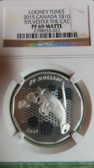 2015 Canada $10 Looney Tunes Sylvester PF 69 Matte .9999 Silver Coin