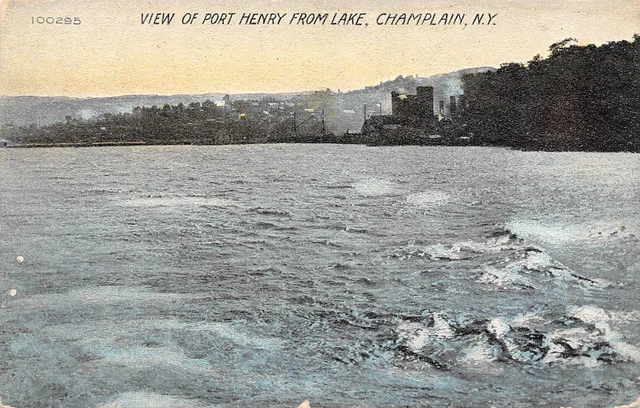D1404 Adirondacks, View of Port Henry from Lake Champlain, NY - Antique Postcard