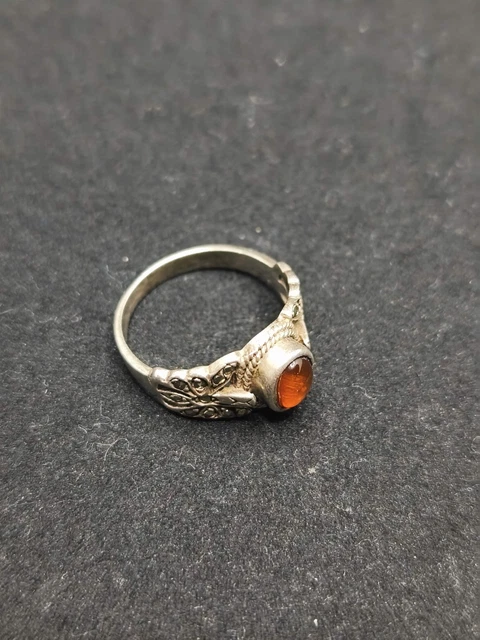Bague Ancienne En Argent Massif 925 - Avec Ambre - Alliance Ou Anneau Créateur