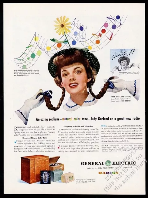 1945 Judy Garland photo in color General Electric radio vintage print ad