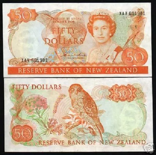 NEW ZEALAND 50 Dollars P-174 A 1985 OWL FLOWER QUEEN Elizabeth QEII England RARE