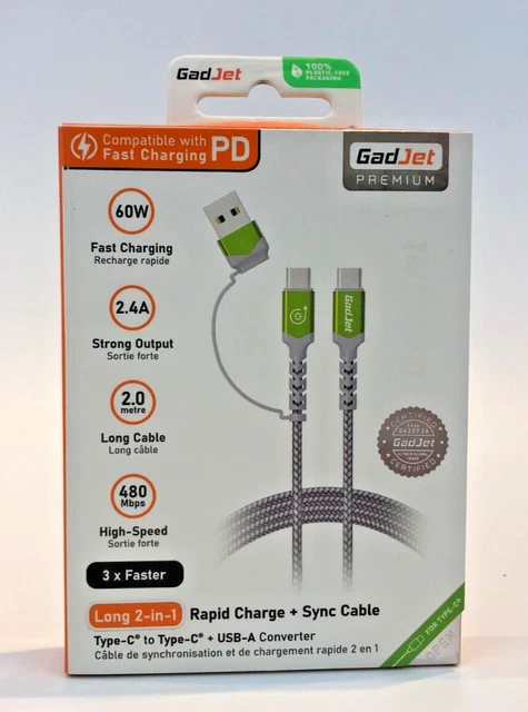 Fast Type-C To Type-C Charging Cable + USB-A Converter 2.4A 60W PD Charging 2m