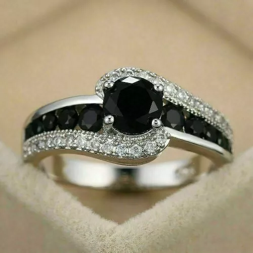 3.50 Ct Round Cut Black Simulé Diamond Swirl Ring Femme 14k White Gold Over