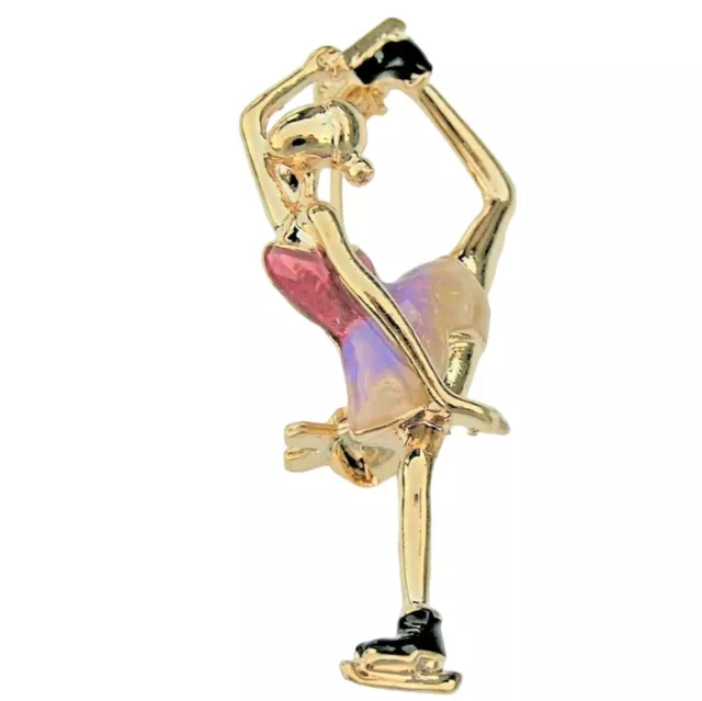 Ice Skater Dancer Figure Skater Gold Tone Plated Enamel Sports Lapel Hat Brooch