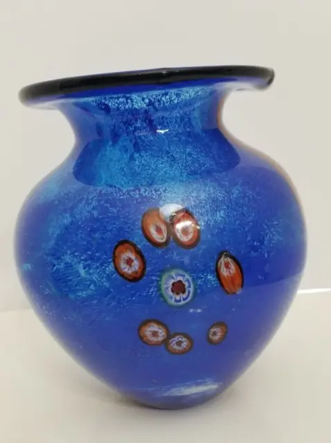 Murano Glass Vase Royal Blue with Red Stripe, Heavyweight, 7" Tall