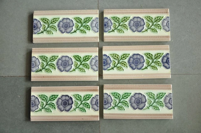 6 Pc Vintage Small Majolica Decorative Art Nouveau Architecture Tiles,Japan 3