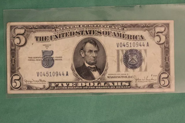 1934-D Five Dollar Silver Certificate $5 Bill Blue Seal Note Circulated