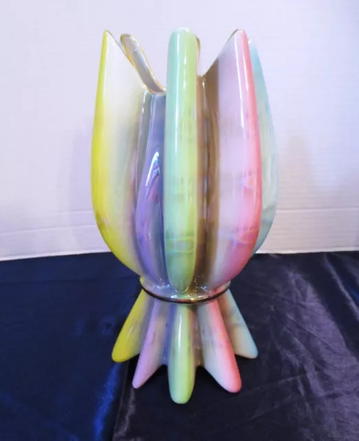 Mid-Century Italian Ceramic 9.5" Tall Art Deco Style Rainbow Fluted Lustre Vase1