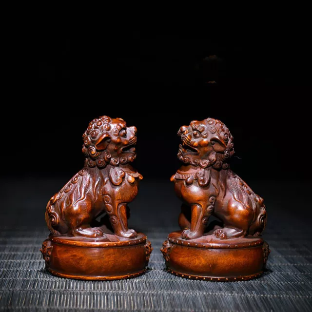 Feng Shui Boxwood Wood Carving Xie Men Fu Fu Dog Lion Beast Statue Pair China 2