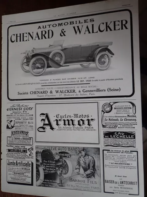 CHENARD & WALCKER 12 HP torpedo + parfum RAMSES pub papier MONDE ILLUSTRE 1919