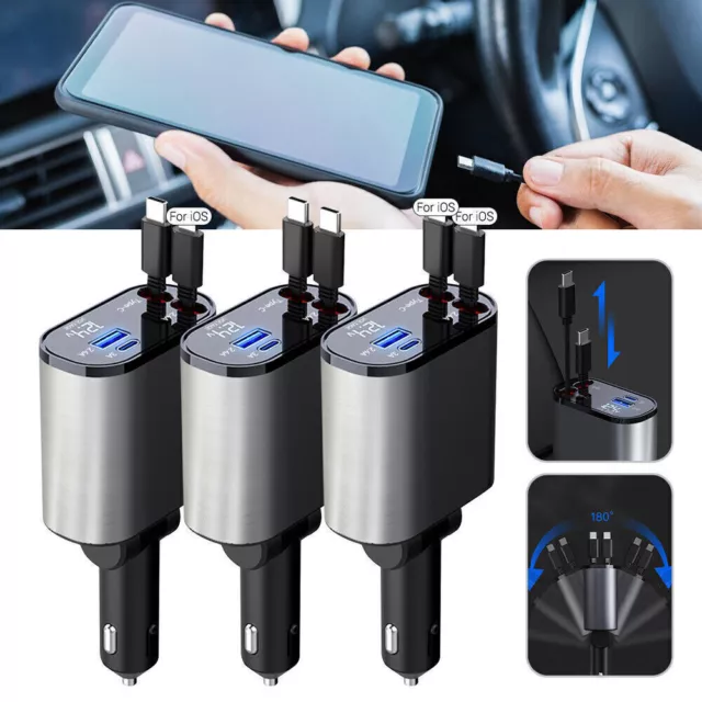 100W 4IN1 Retractable USB Car Charger Type C Cable for Phone Fast Charge Adapter