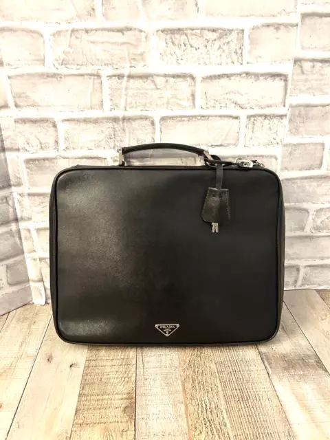 PRADA Large BLACK Saffiano Leather Work Computer Brief Case Zip Around # 57 EUC!