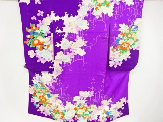 97439# Japanese Kimono / Antique Furisode / Embroidery / Peony & Floral Plan