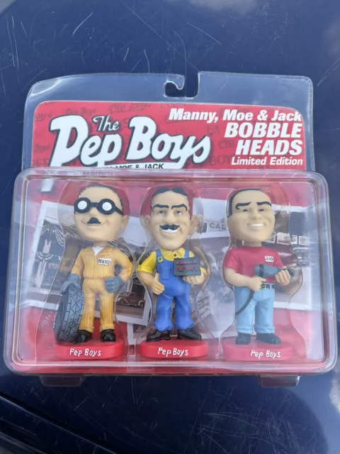 Pep Boys Manny Moe and Jack Bobblehead Doll Set Limited Edition New in Packaging