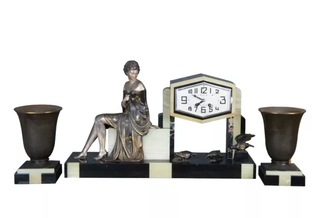 Antique French Art Deco Figural Spelter & Onyx Garniture Mantel Clock Set Uriano