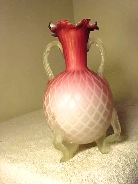 19th c Hand Blown Diamond Quilted Pink Hand-Blown Satin Glass Vase Ruffled Rim