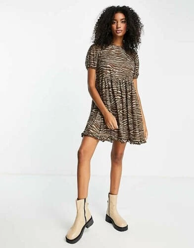 River Island Animal Lace Mini Smock Short Sleeve Dress Brown Size 10 BNWT RRP£42