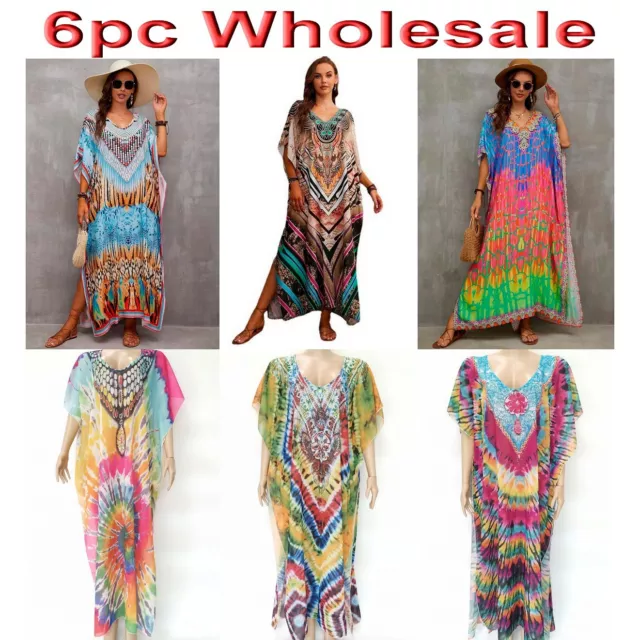 6pc Wholesale Large Long Maxi Women Hand Embellished Kaftan Dress Plus Free Size