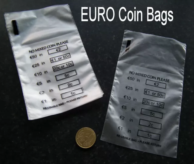 50 x Plastic Money / EURO Coin / Bank Bags - No Mixed Coins - New and Reusable