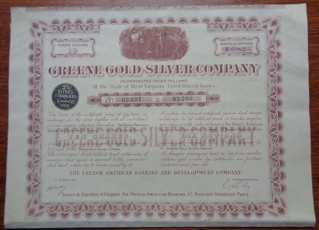 Mexico Greene Gold Silver Co Mining Chihuahua 10 Shares 1905 West Virginia