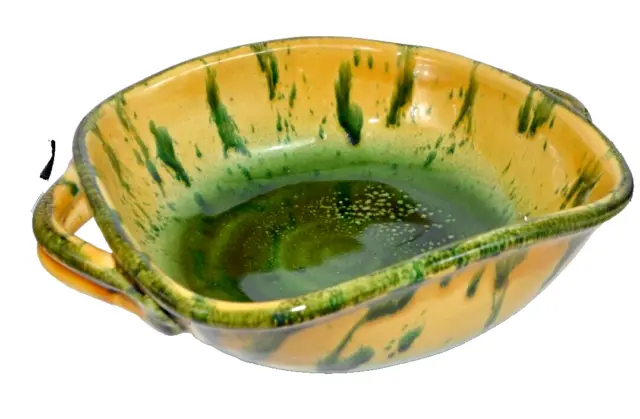 VINTAGE Majolica Art Pottery Italian Serving Bowl yellow green Drip Glaze Italy 3