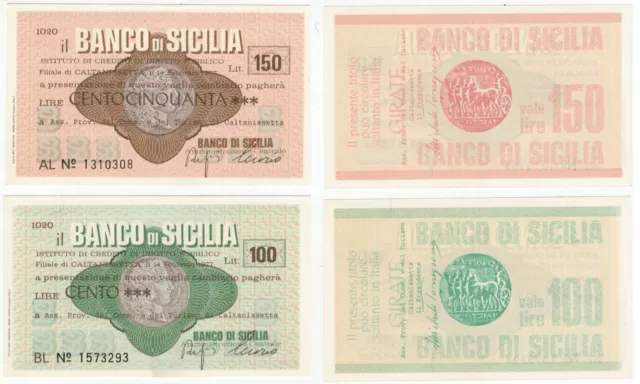 Coppia  Miniassegni Banco Di Sicilia Lire 100 E Lire 150 Fior Di Stampa Fds