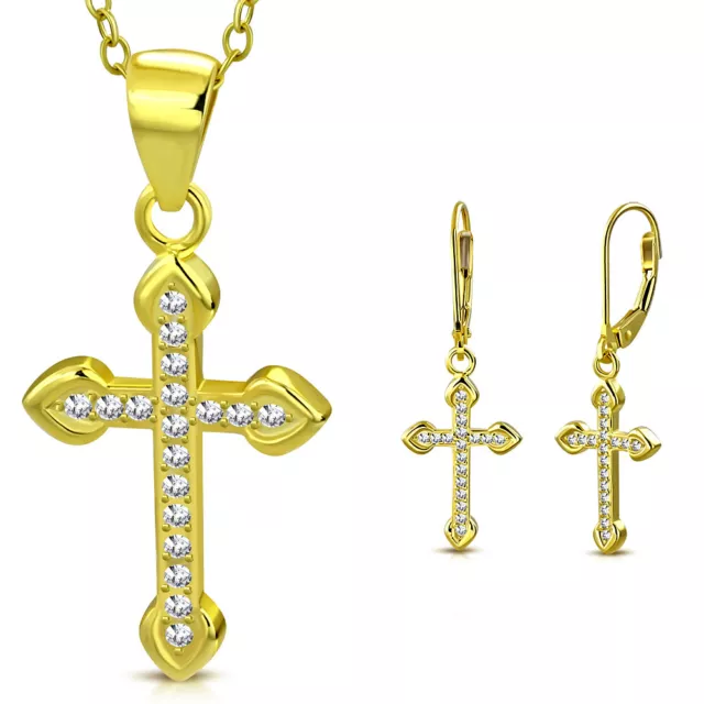 925 Argent Sterling Jaune Ton Doré Cz Pendentif Croix Pendantes Earrings Set,