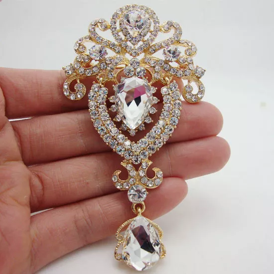 Pretty Crown Flower Drop Clear Rhinestone Crystal Brooch Pin Pendant