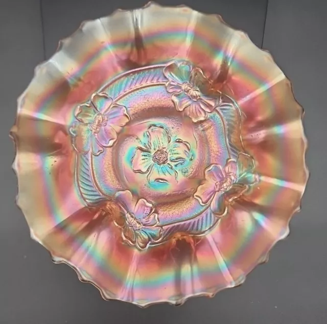 Vtg Dugan Carnival Glass Apple Blossom Bowl 7” Iridescence Marigold Vintage