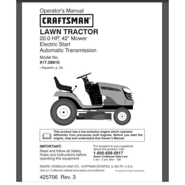 Sears Craftsman LT2000 Hydro 20 HP 42 Tractor Owners Manual 917.28910 68 pages