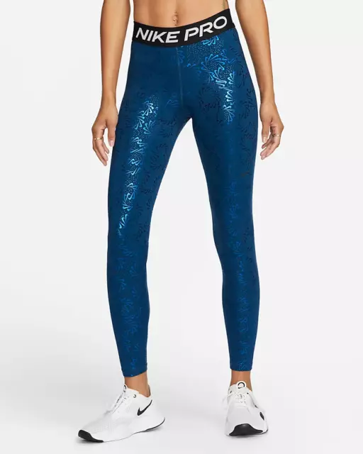 Nike Pro DQ6228-460 Mid-Rise Allover Print Metallic Leggings Blue - 2XL