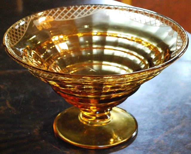 VINTAGE AMBER OPTIC Ripple Depression Glass PEDESTAL FRUIT BOWL Etched ...