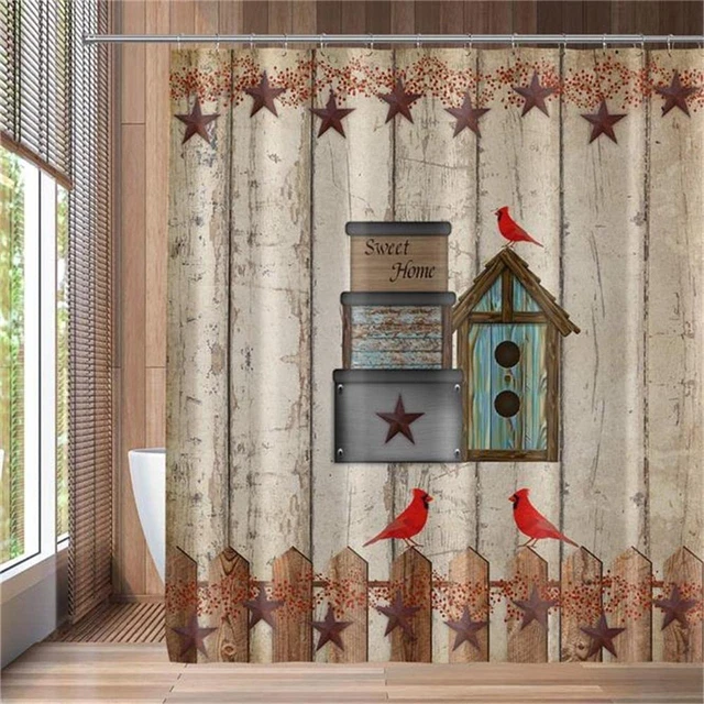 Primitive Shower Curtain for Bathroom Rustic Birdhouse Western Texas Star Red Ca