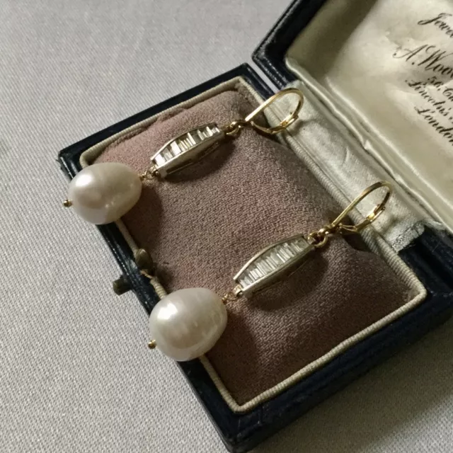 Topaze Baguette, Veritable Perle, Vermeil, Argent, Anciennes Boucles D’oreilles 3