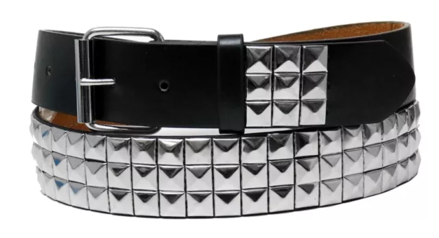 Punk Rock Silver Black Metal Rivets Pyramid Studs Black Leather Belt with Buckle