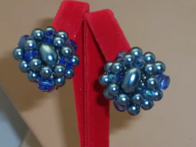 Vintage Big Metallic Blue Bead & Faceted Crystal Bead Cluster Clip on Earrings